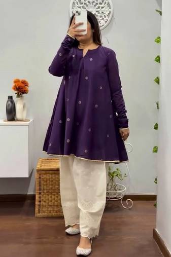Purple cotton dots printed short ethnic kurta set
