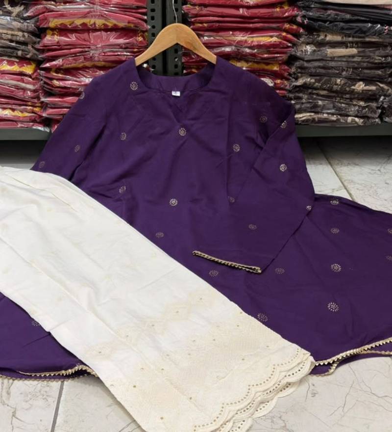 Purple cotton dots printed short ethnic kurta set