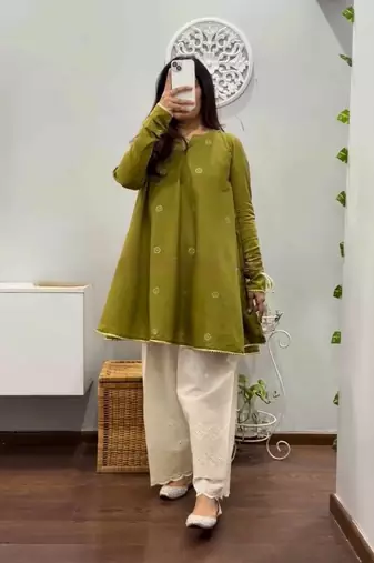 Green cotton dots printed short ethnic kurta set