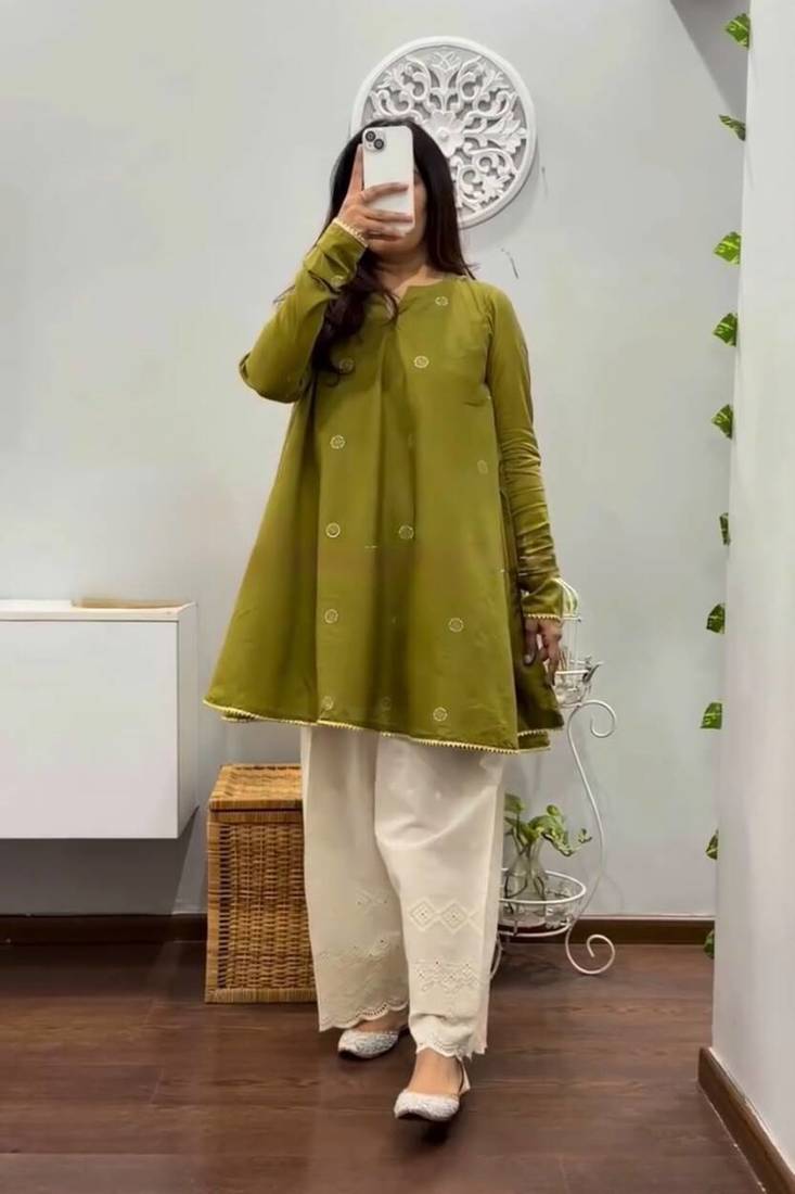 Green cotton dots printed short ethnic kurta set