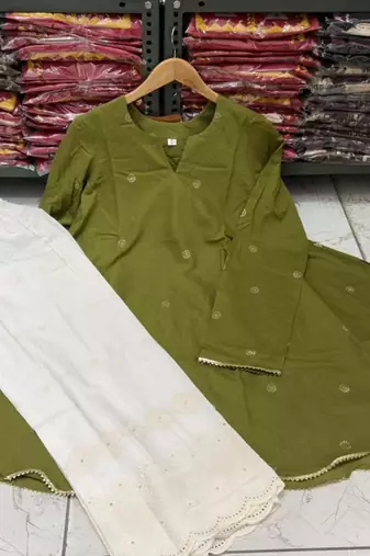 Green cotton dots printed short ethnic kurta set