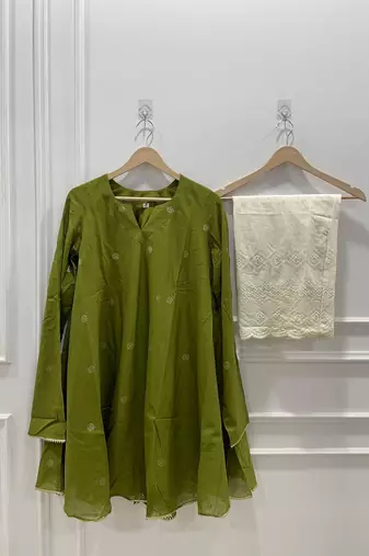 Green cotton dots printed short ethnic kurta set