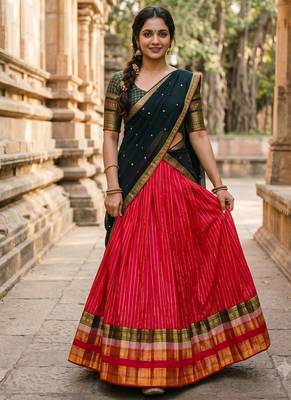 Women's Rani Pink Pleated Silk Lehenga Choli with Contrast Dark Green Blouse Piece and Dupatta 1