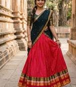 Women's Rani Pink Pleated Silk Lehenga Choli with Contrast Dark Green Blouse Piece and Dupatta