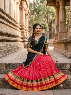 Women's Rani Pink Pleated Silk Lehenga Choli with Contrast Dark Green Blouse Piece and Dupatta 2