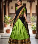 Women's Pista Green Plain Silk Flared Lehenga with Heavy Contrast Black & Golden Zari Border Lehenga Choli Set