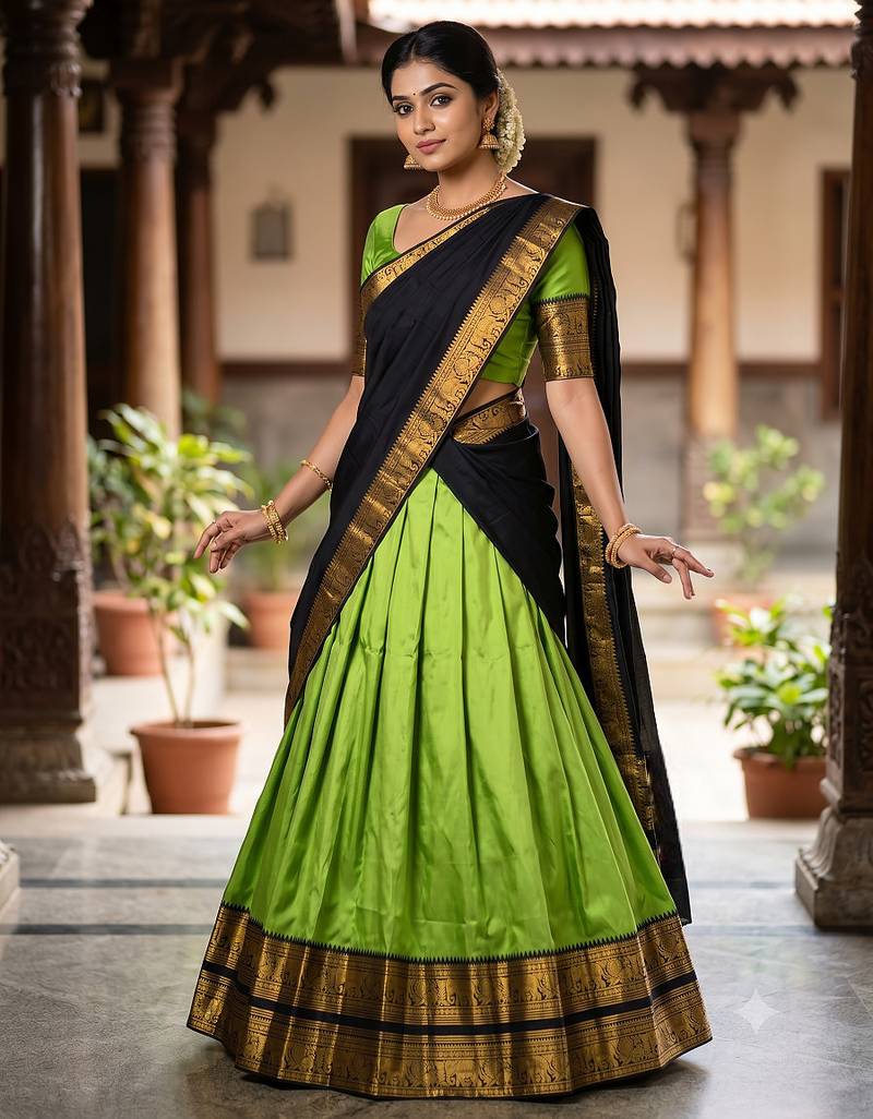Women's Pista Green Plain Silk Flared Lehenga with Heavy Contrast Black & Golden Zari Border Lehenga Choli Set