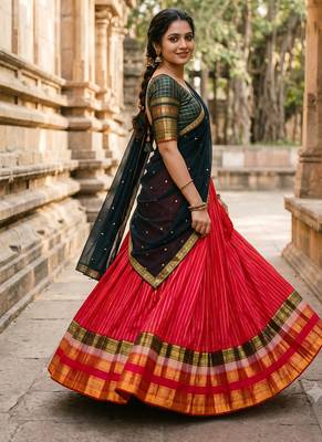 Women's Rani Pink Pleated Silk Lehenga Choli with Contrast Dark Green Blouse Piece and Dupatta 3