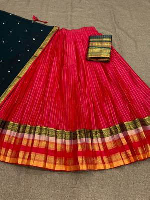 Women's Rani Pink Pleated Silk Lehenga Choli with Contrast Dark Green Blouse Piece and Dupatta 4