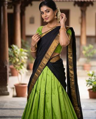 Women's Pista Green Plain Silk Flared Lehenga with Heavy Contrast Black & Golden Zari Border Lehenga Choli Set 2