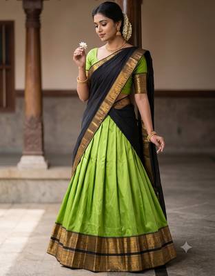 Women's Pista Green Plain Silk Flared Lehenga with Heavy Contrast Black & Golden Zari Border Lehenga Choli Set 3