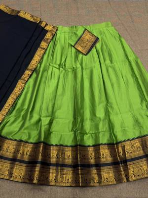 Women's Pista Green Plain Silk Flared Lehenga with Heavy Contrast Black & Golden Zari Border Lehenga Choli Set 4