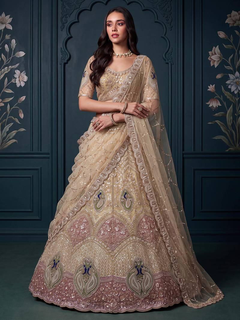 Gorgeous Golden Bead Embroidered Net Sangeet Wear Lehenga Choli