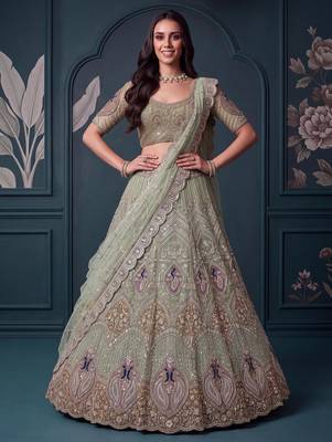Luxurious Pista Green Hand Work Net Reception Wear Lehenga Choli With Dupatta 2