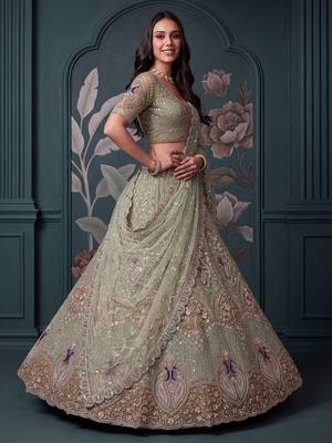 Luxurious Pista Green Hand Work Net Reception Wear Lehenga Choli With Dupatta 3