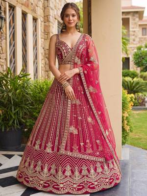 Terrific Pink Codding Embroidered Net Engagement Wear Lehenga Choli 1
