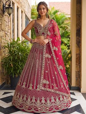 Terrific Pink Codding Embroidered Net Engagement Wear Lehenga Choli 2