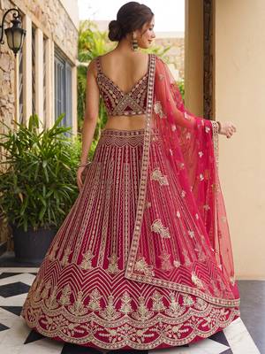Terrific Pink Codding Embroidered Net Engagement Wear Lehenga Choli 4