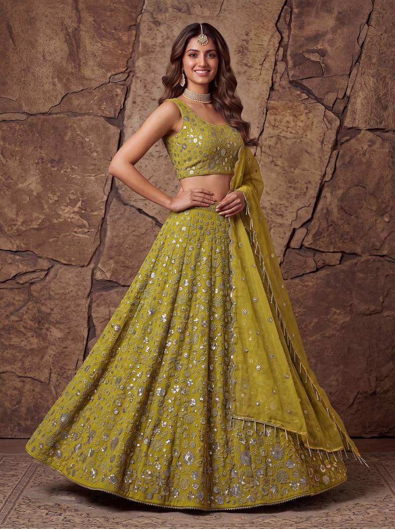 Graceful Yellow Sequin Work Georgette Wedding Wear Lehenga Choli