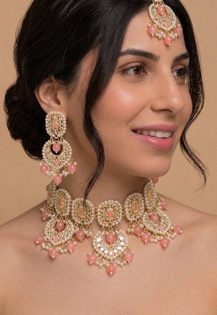 Peach Pink kundan Necklace set