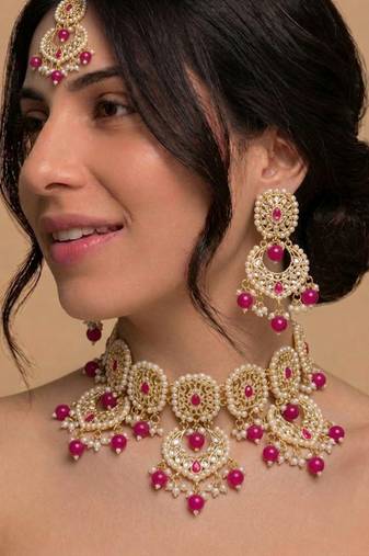 Pink Color Kundan pearl bridal set