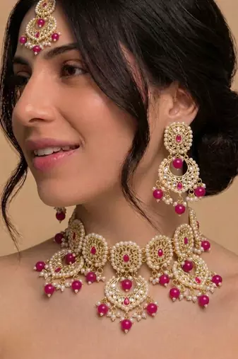 Pink Color Kundan pearl bridal set