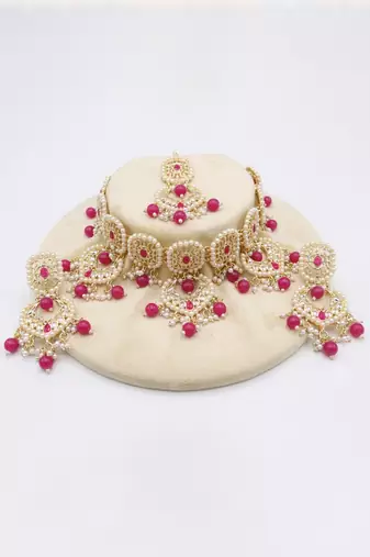 Pink Color Kundan pearl bridal set