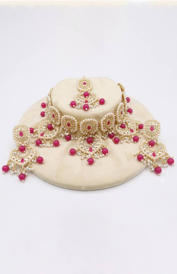 Pink Color Kundan pearl bridal set