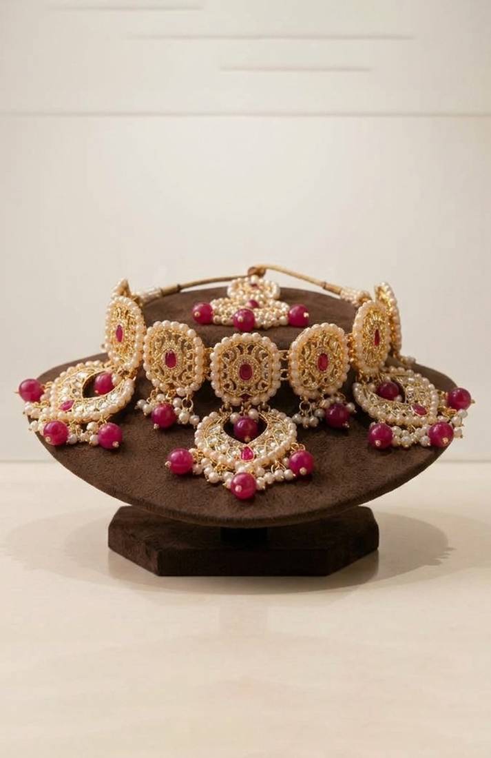 Pink Color Kundan pearl bridal set
