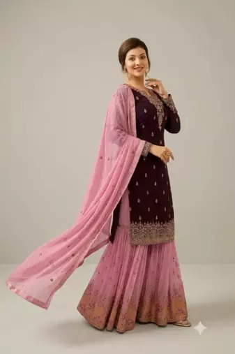 Maroon&pink georgette semi stitched suit with embroidery & sequence work