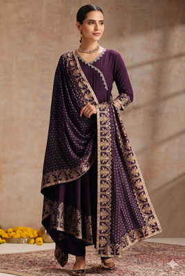 Wine embroidered angrakha flared anarkali kurta pant and dupatta set 1