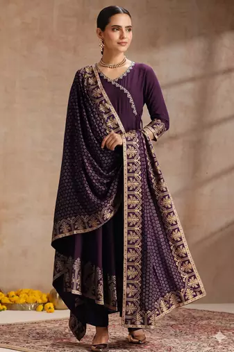 Wine embroidered angrakha flared anarkali kurta pant and dupatta set
