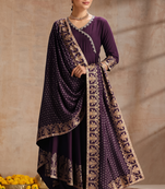 Wine embroidered angrakha flared anarkali kurta pant and dupatta set
