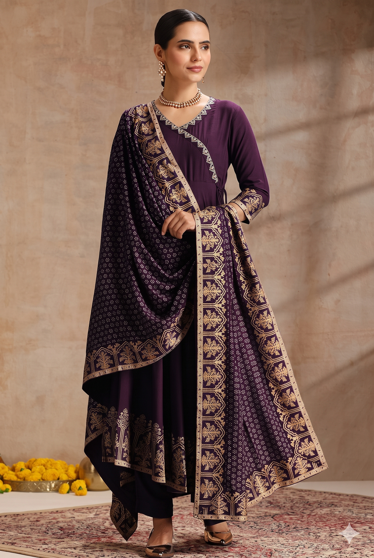 Wine embroidered angrakha flared anarkali kurta pant and dupatta set