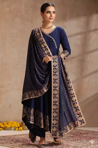 Navy blue embroidered angrakha flared anarkali kurta pant and dupatta set