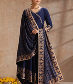 Navy blue embroidered angrakha flared anarkali kurta pant and dupatta set