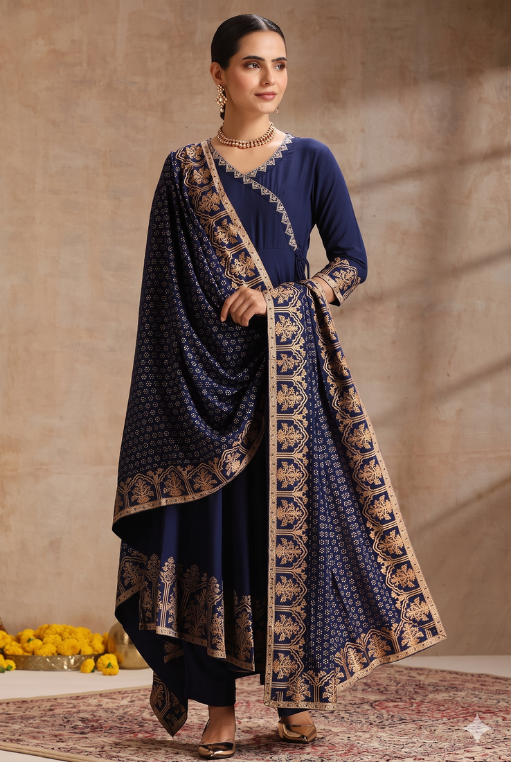 Navy blue embroidered angrakha flared anarkali kurta pant and dupatta set