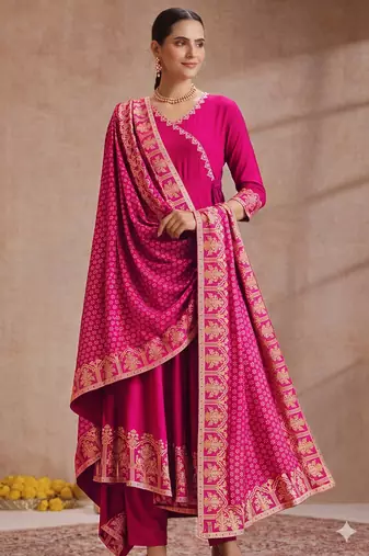Rani pink embroidered angrakha flared anarkali kurta pant and dupatta set