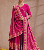 Rani pink embroidered angrakha flared anarkali kurta pant and dupatta set