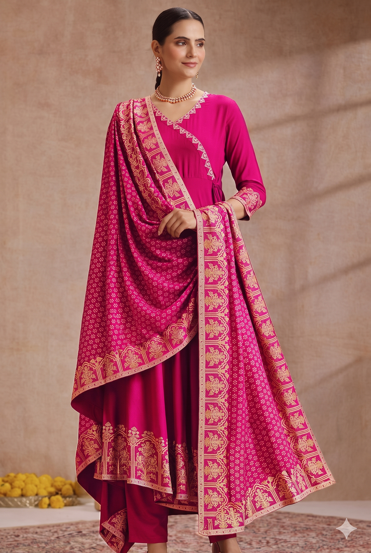 Rani pink embroidered angrakha flared anarkali kurta pant and dupatta set