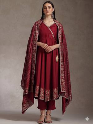 Maroon embroidered angrakha flared anarkali kurta pant and dupatta set 1