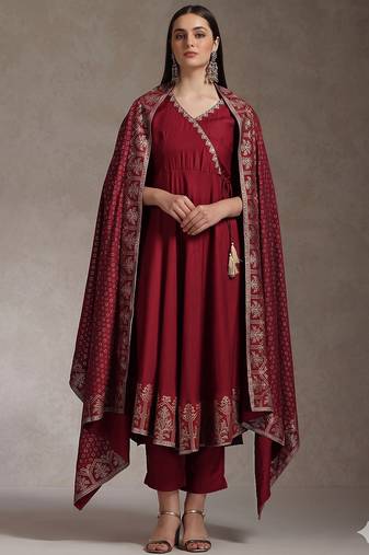 Maroon embroidered angrakha flared anarkali kurta pant and dupatta set