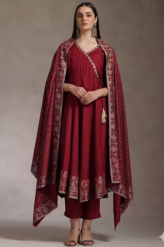 Maroon embroidered angrakha flared anarkali kurta pant and dupatta set