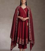 Maroon embroidered angrakha flared anarkali kurta pant and dupatta set