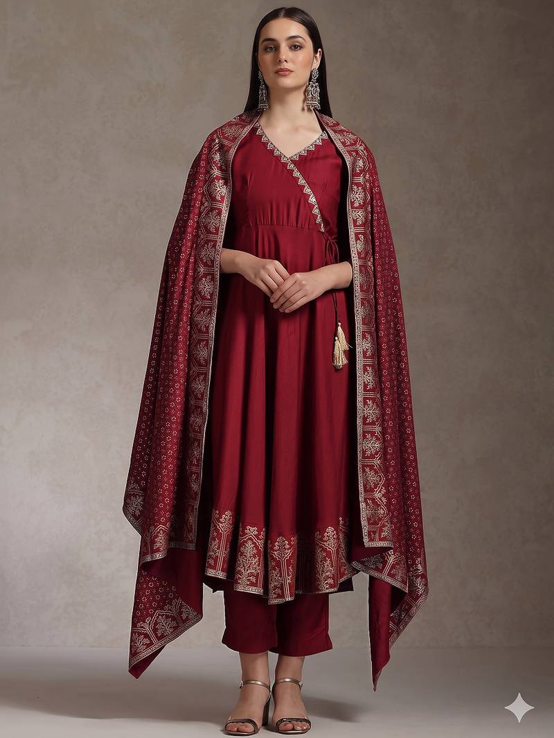 Maroon embroidered angrakha flared anarkali kurta pant and dupatta set
