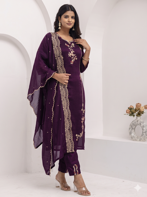 Wine floral embroidered round-neck georgette straight kurta with trousers & dupatta 1