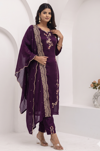 Wine floral embroidered round-neck georgette straight kurta with trousers & dupatta
