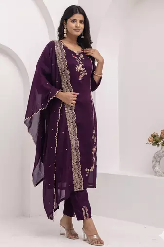 Wine floral embroidered round-neck georgette straight kurta with trousers & dupatta