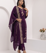 Wine floral embroidered round-neck georgette straight kurta with trousers & dupatta
