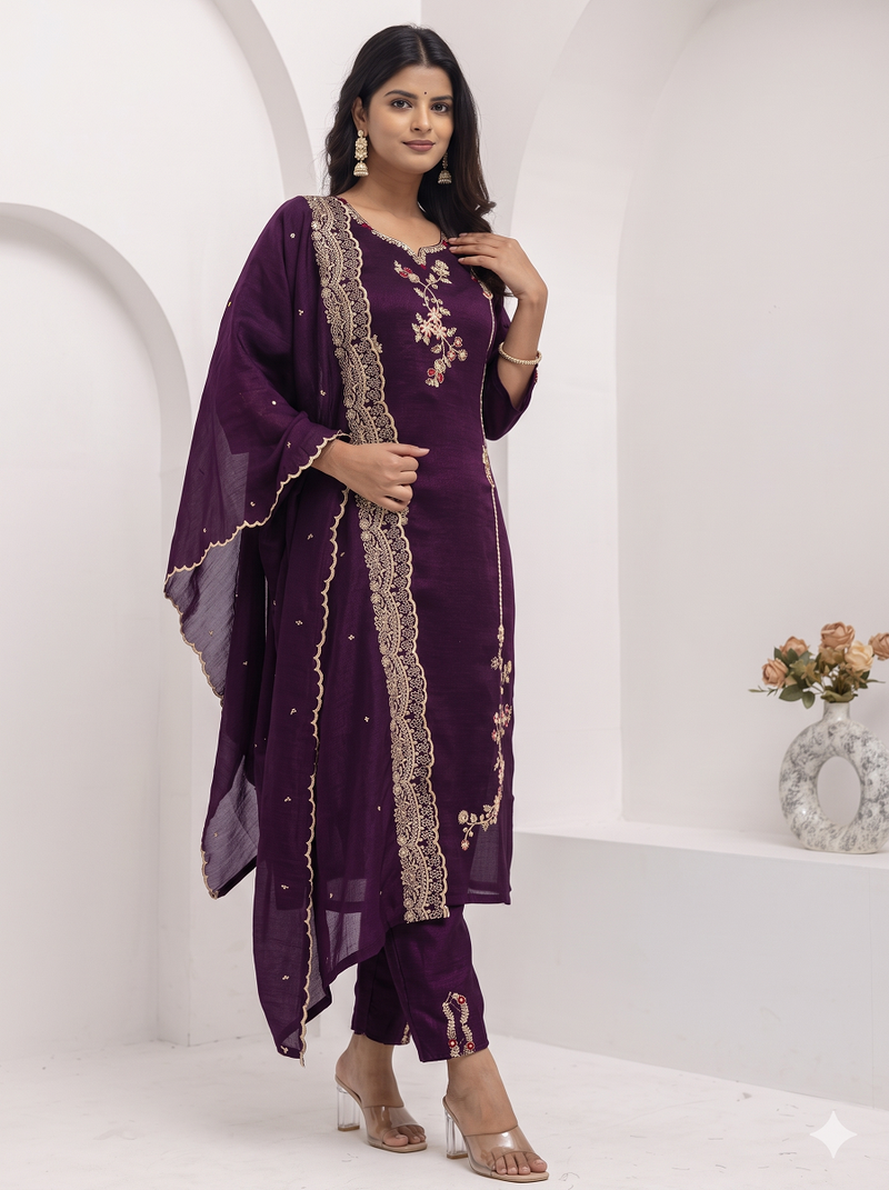 Wine floral embroidered round-neck georgette straight kurta with trousers & dupatta
